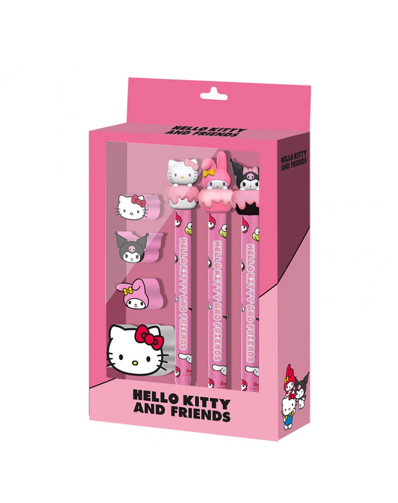 PACK OF 3 ETERNAL PENCILS + 3 ERASERS + SHARPENER - HELLO KITTY